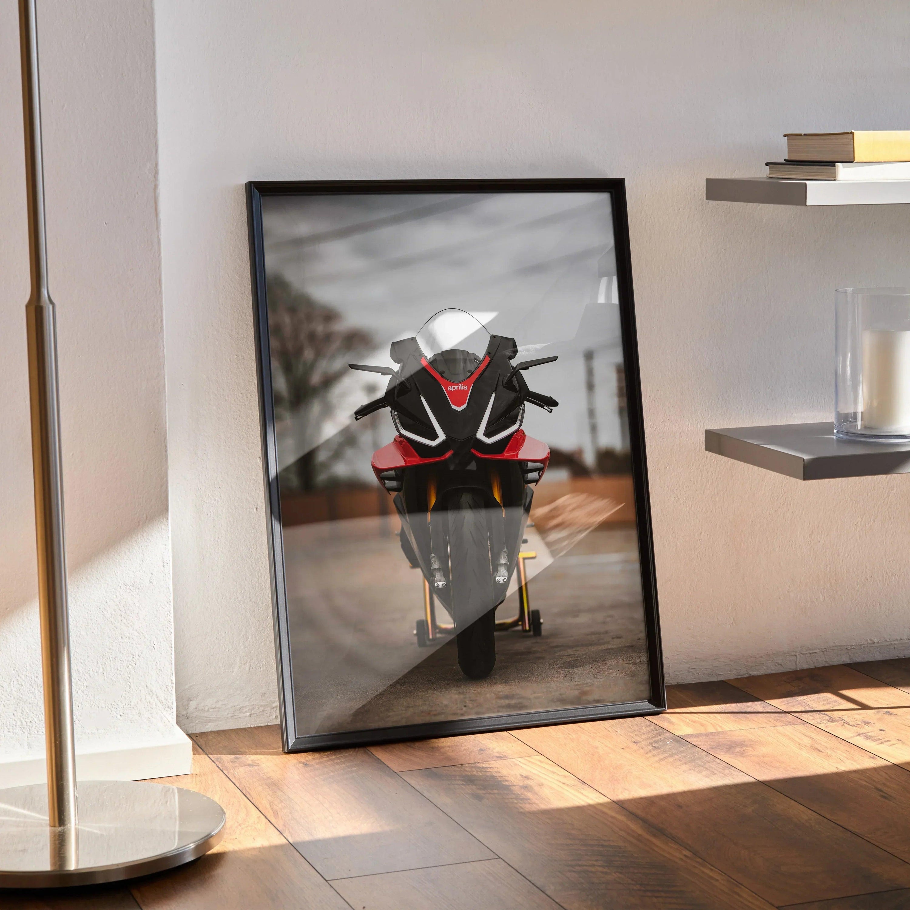Aprilia RSV4 1100 Factory motorcycle poster with red and black sportbike front view wall art in black frame.