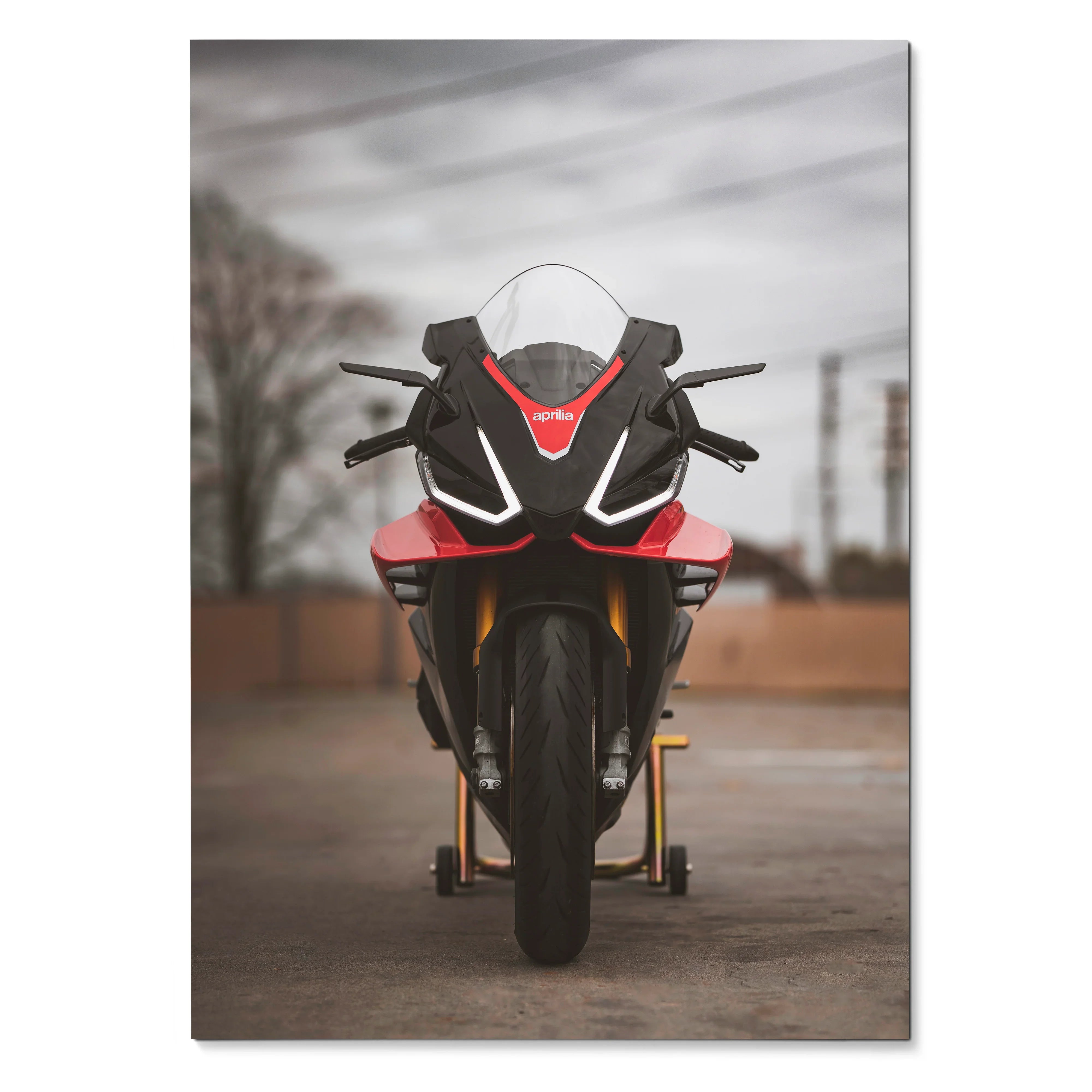 Aprilia RSV4 1100 Factory motorcycle front view poster wall art with bold red and black design.