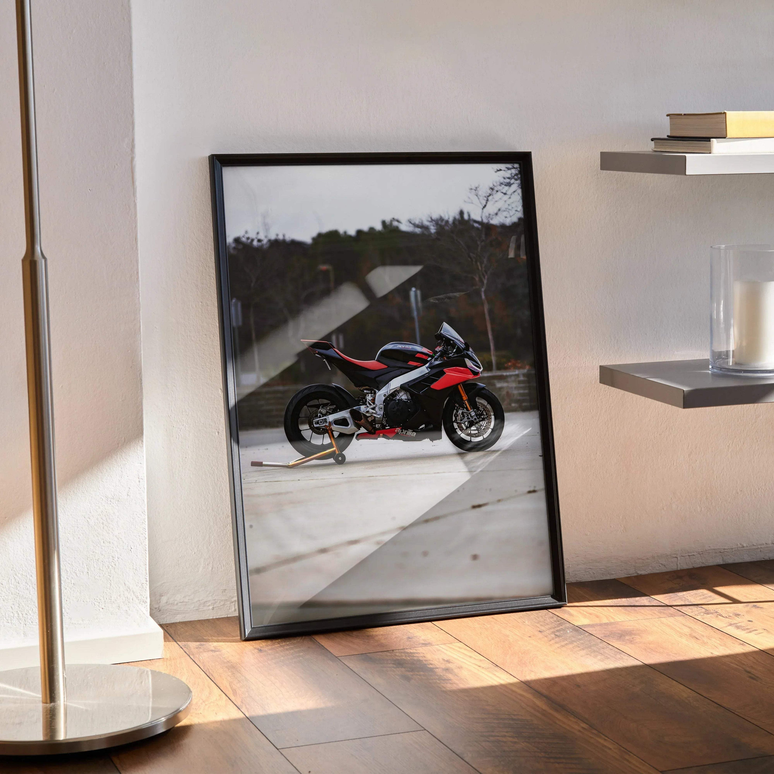 Aprilia RSV4 1100 Factory motorcycle poster in black frame leaning against wall, modern wall art.