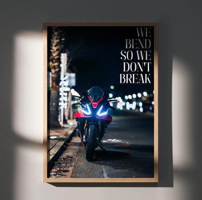 Aprilia RSV4 1100 Factory motorcycle poster with "We bend so we don't break" motivational text wall art.