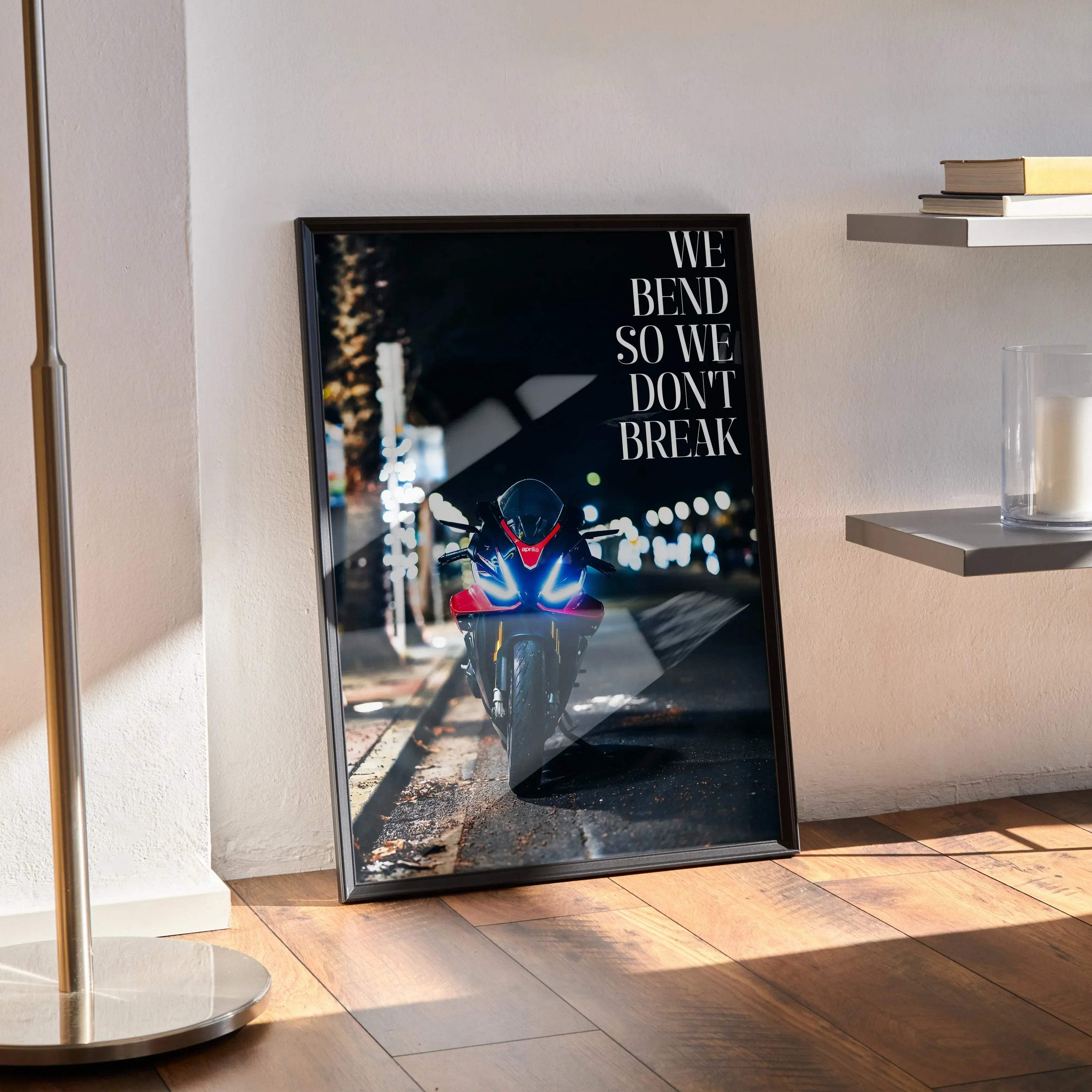 Motivational poster wall art featuring Aprilia RSV4 1100 Factory motorcycle with bold text on black background.