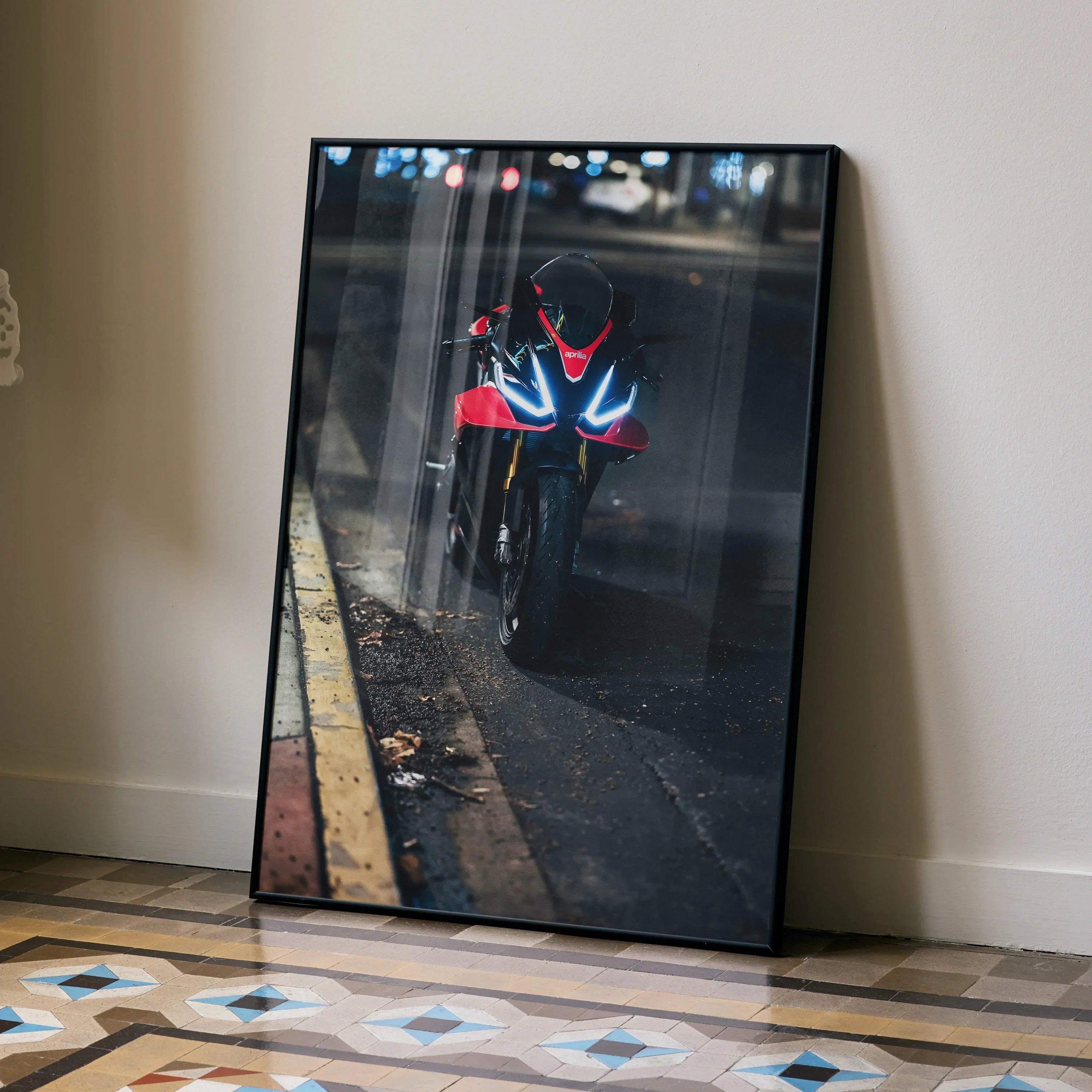 RSV4 1100 Factory motorcycle poster with vivid red and blue lighting, modern wall art design.