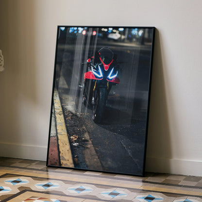 RSV4 1100 Factory motorcycle poster with vivid red and blue lighting, modern wall art design.