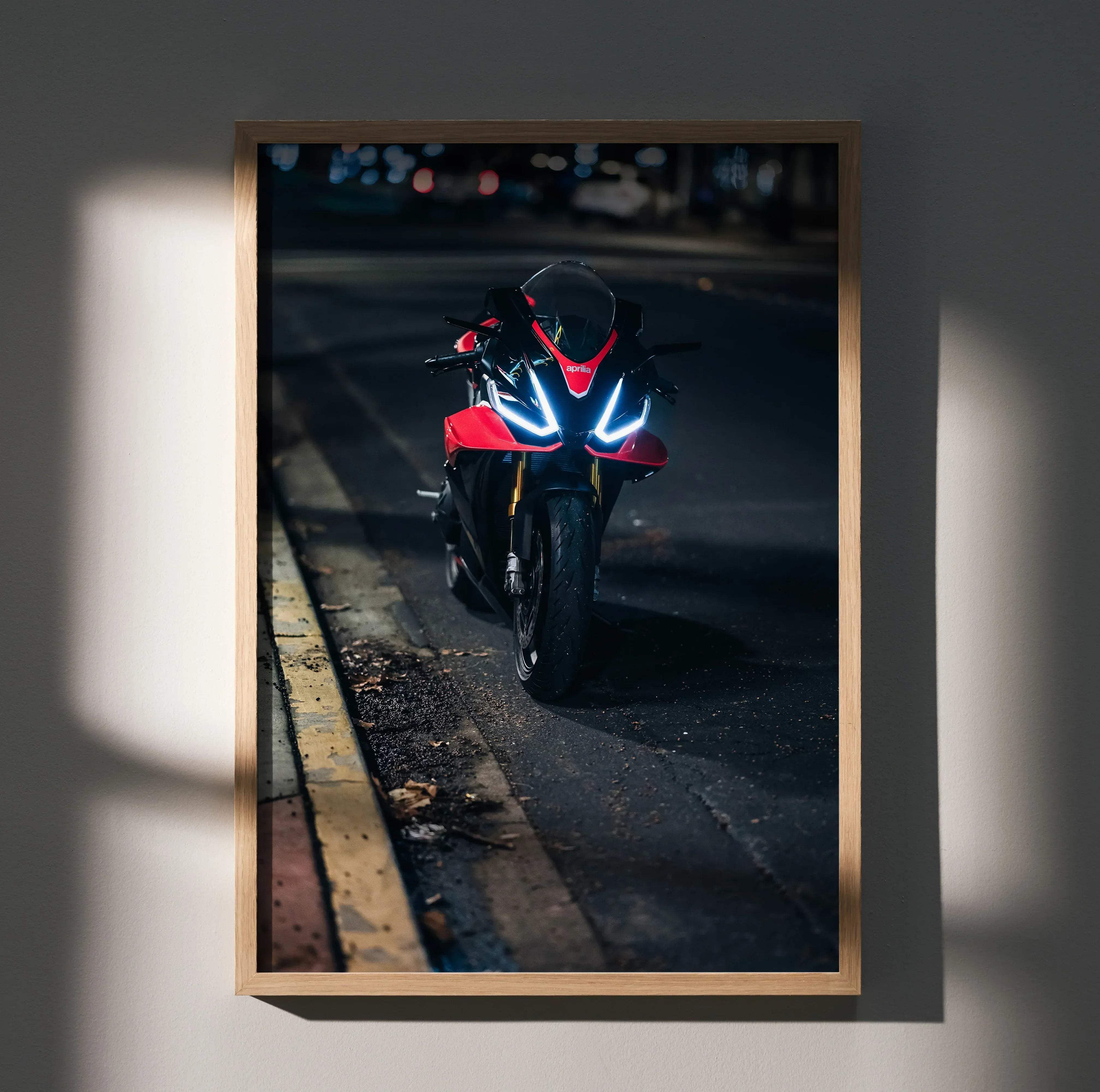 Red and black sport motorcycle with glowing headlights in a wooden frame rsv4 1100 factory art poster 022 motorcycle decor
