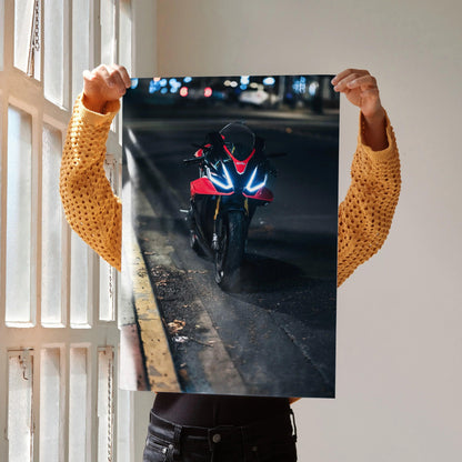 RSV4 1100 Factory motorcycle poster with vibrant headlights on dark urban street wall art.