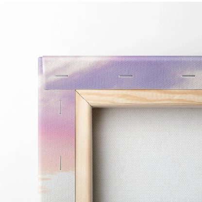 Close-up of corner wooden frame and stretched canvas fabric with soft purple and pink hues, vertical canvas art wall art.