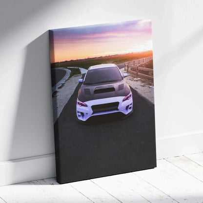 Subaru WRX on road at sunset canvas wall art with vibrant colors, vertical canvas art.