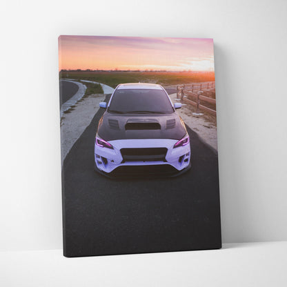 Subaru WRX at sunset on vertical canvas wall art with museum-quality print.