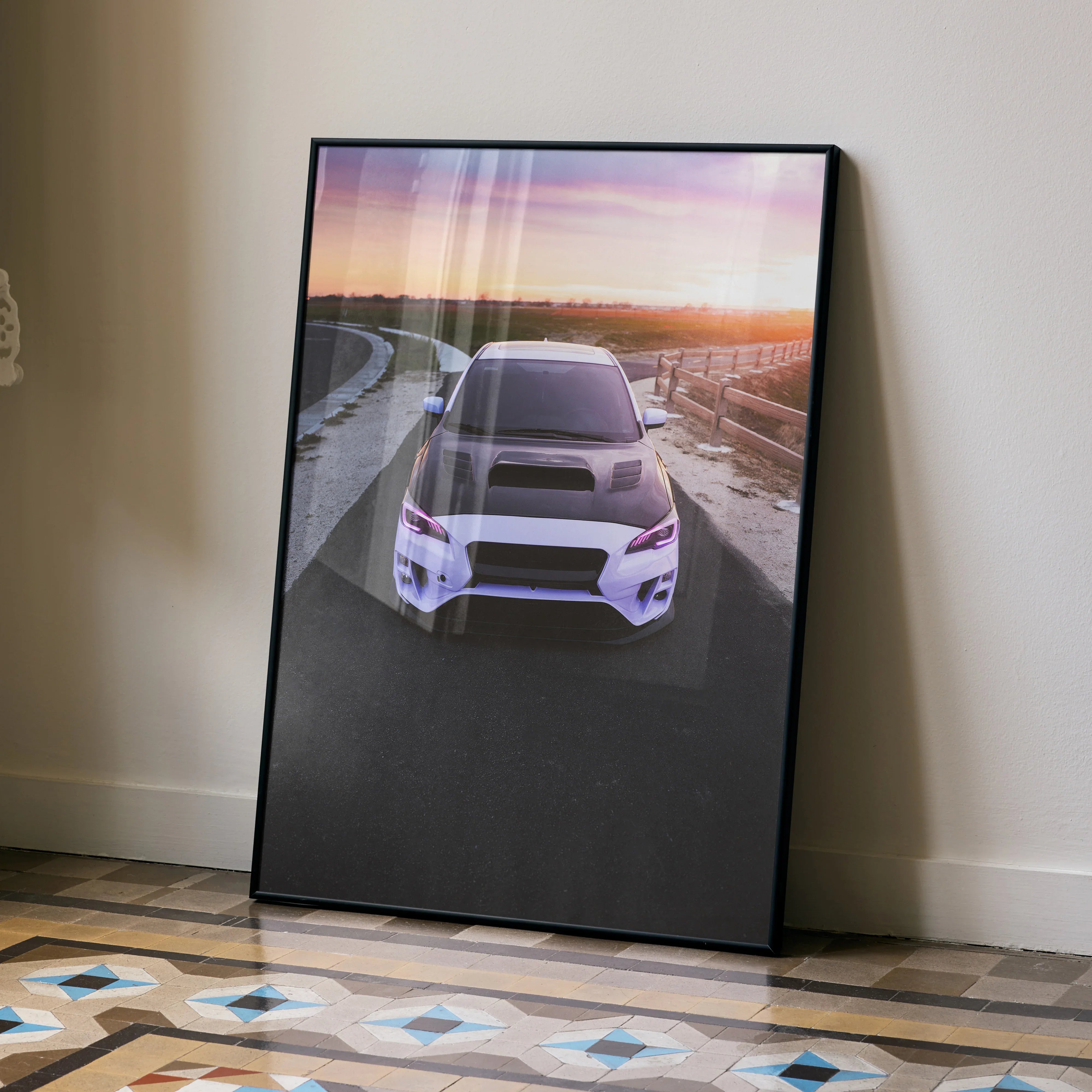 Subaru WRX car enthusiast poster with sunset background, displayed as modern wall art.