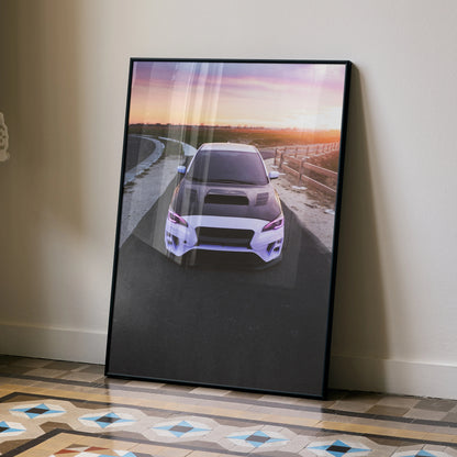 Subaru WRX car enthusiast poster with sunset background, displayed as modern wall art.