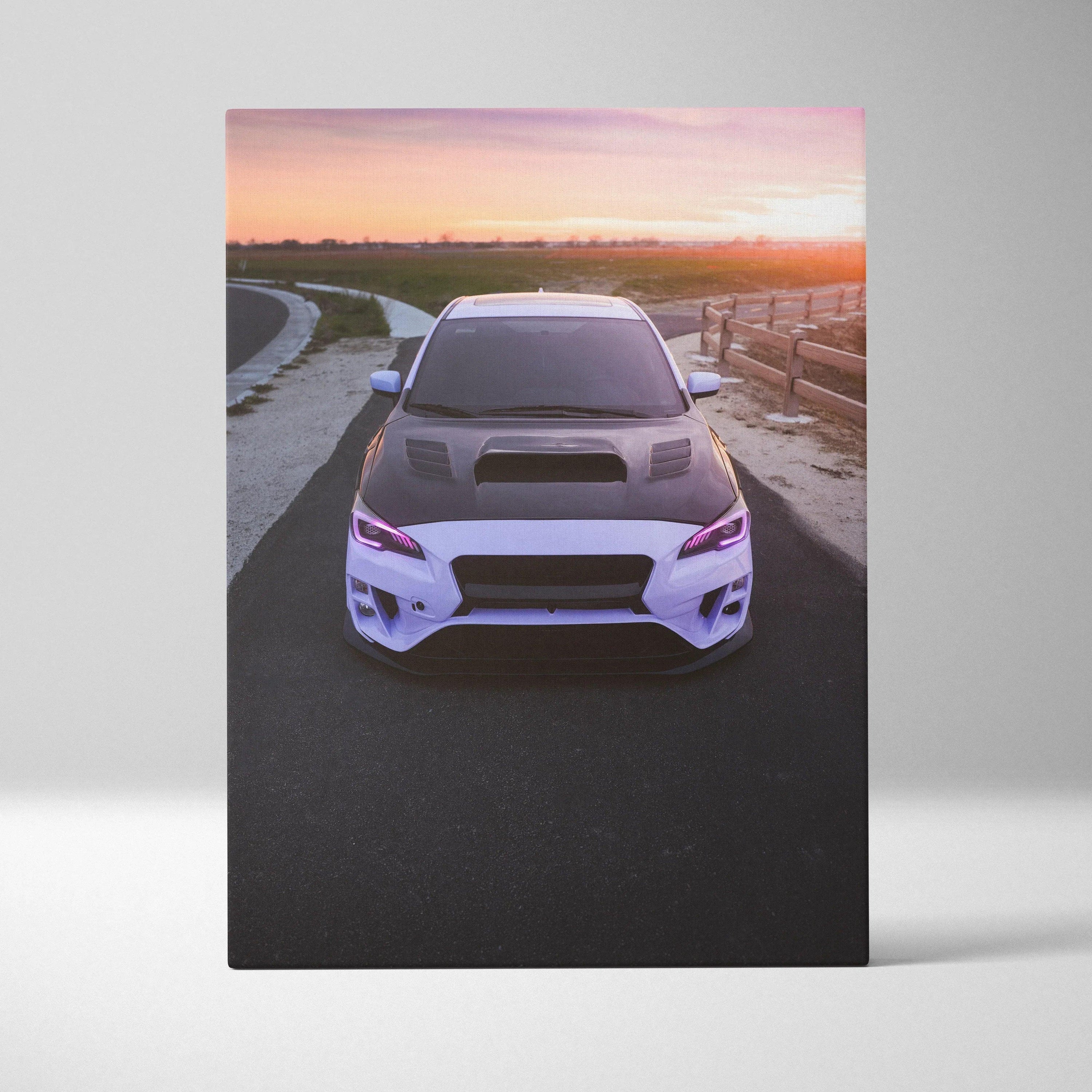 Subaru WRX car front view canvas wall art with sunset background vertical canvas print.