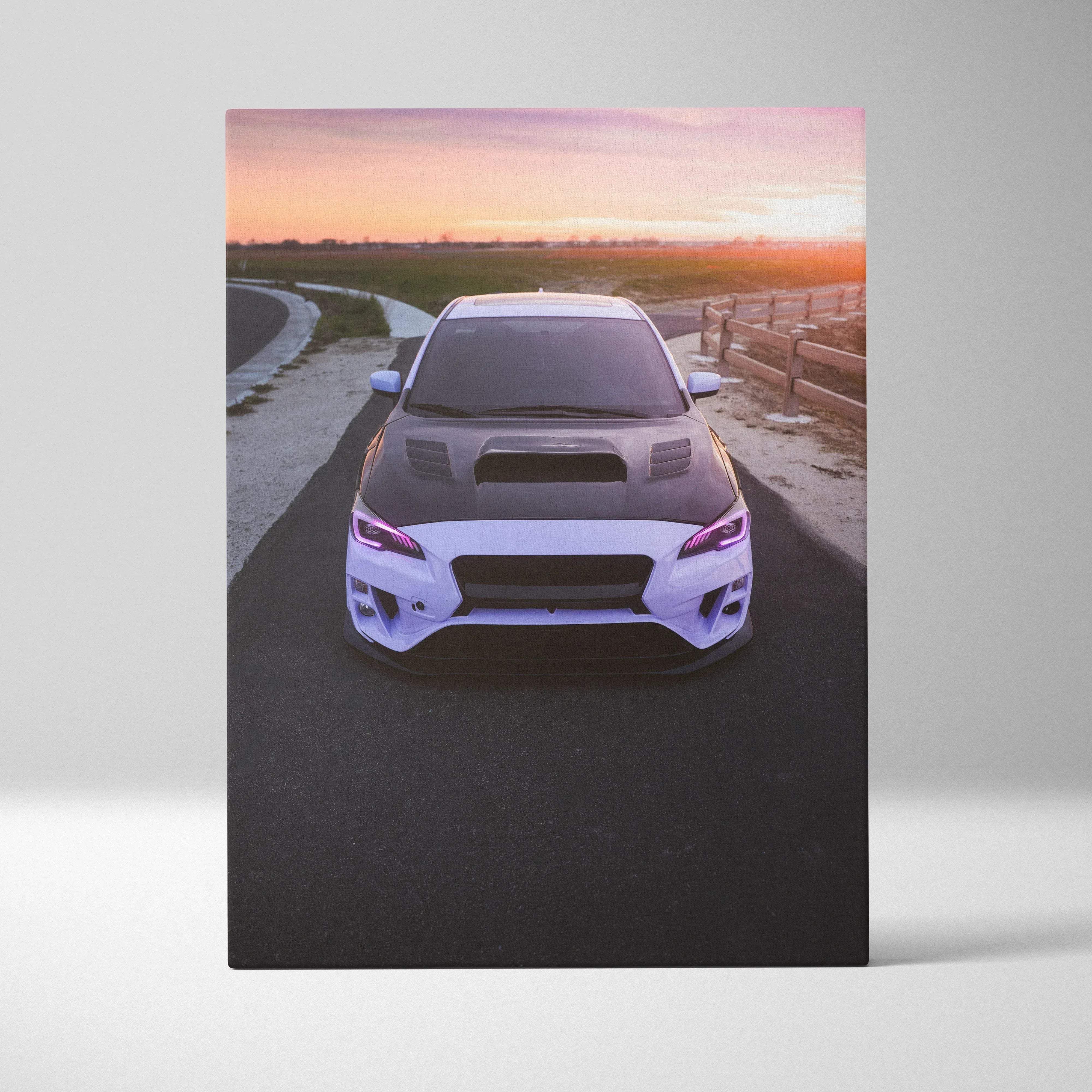 Canvas wall art featuring a high resolution vertical print of a white and black subaru wrx sti with pink led headlights