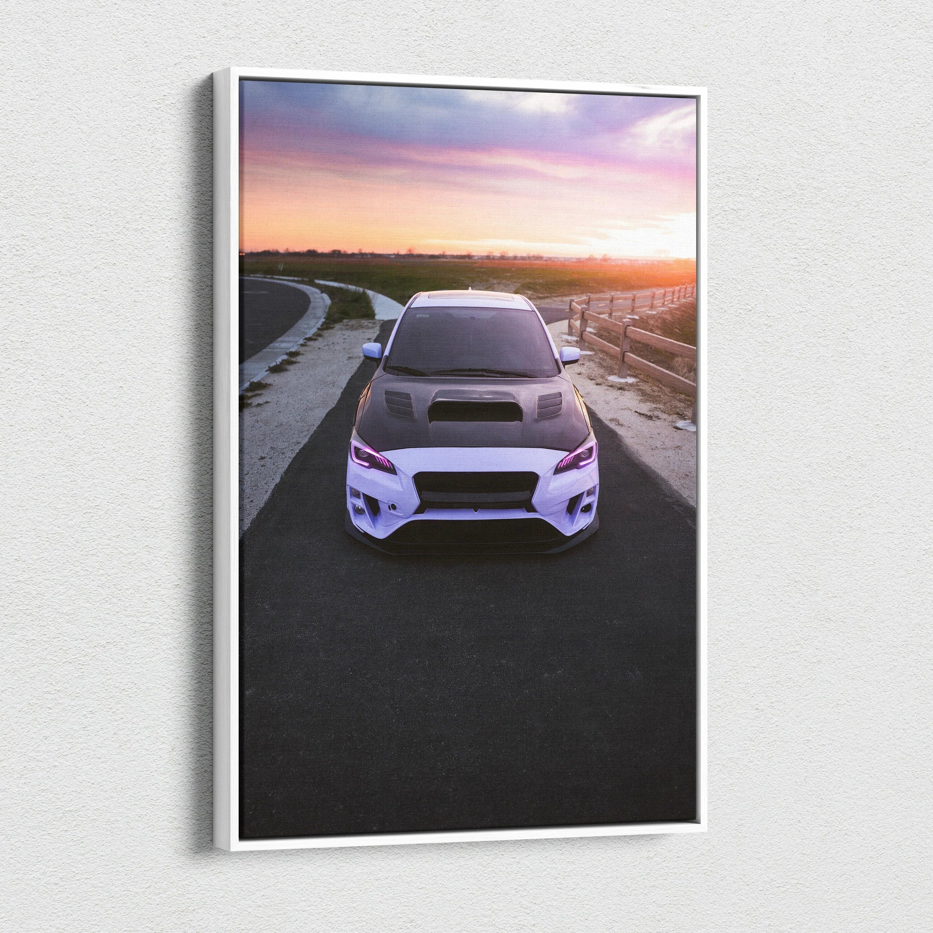 Subaru WRX car canvas art with sunset background, vertical wall art print with 1.5" depth.