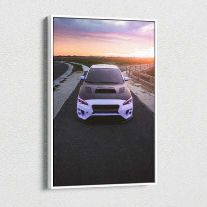 Subaru WRX car canvas art with sunset background, vertical wall art print with 1.5" depth.