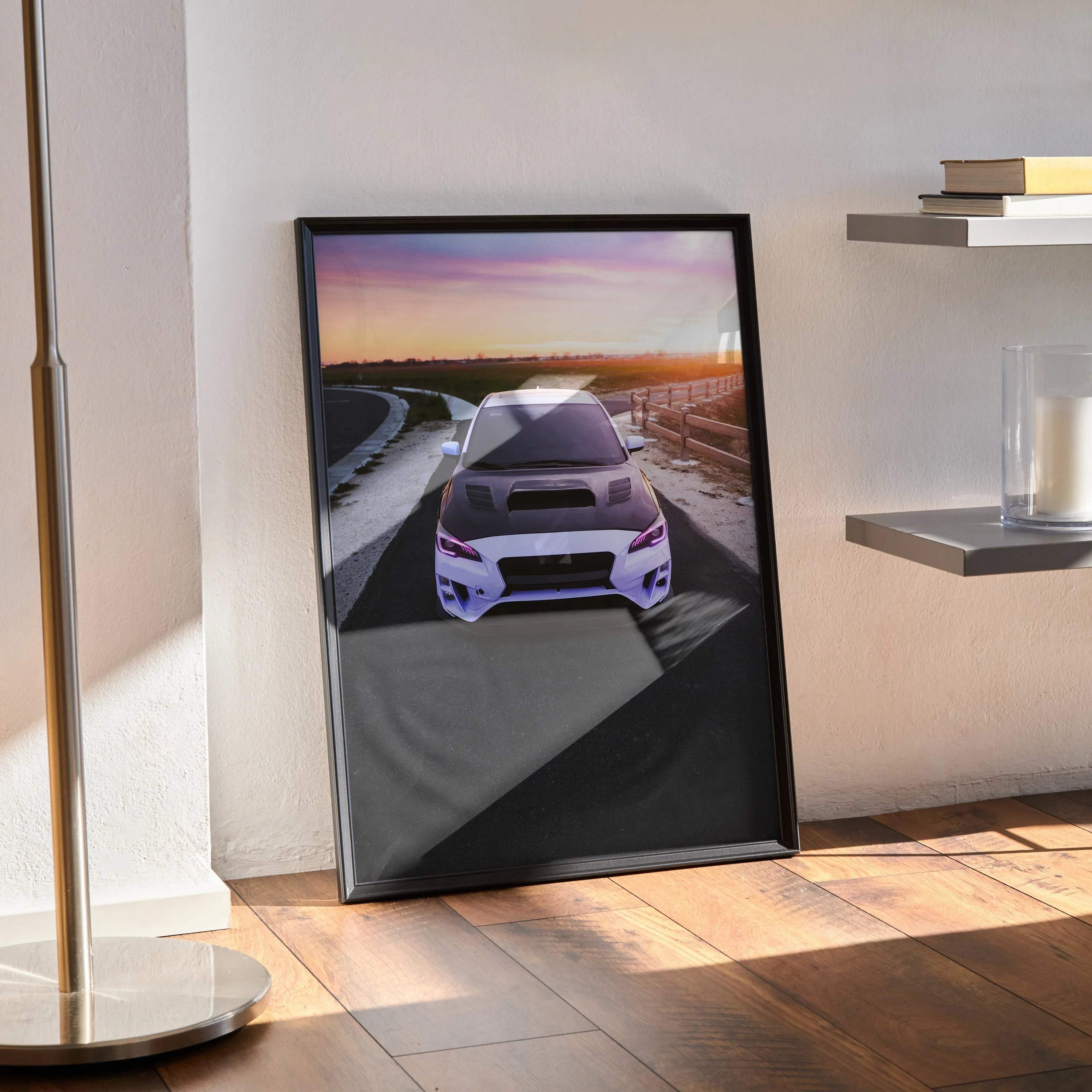 Subaru WRX car enthusiast poster with sunset background, modern wall art in black frame.