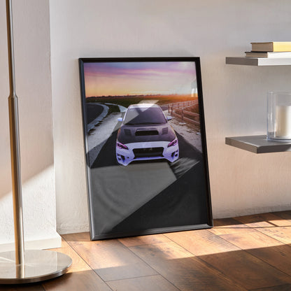 Subaru WRX car enthusiast poster with sunset background, modern wall art in black frame.