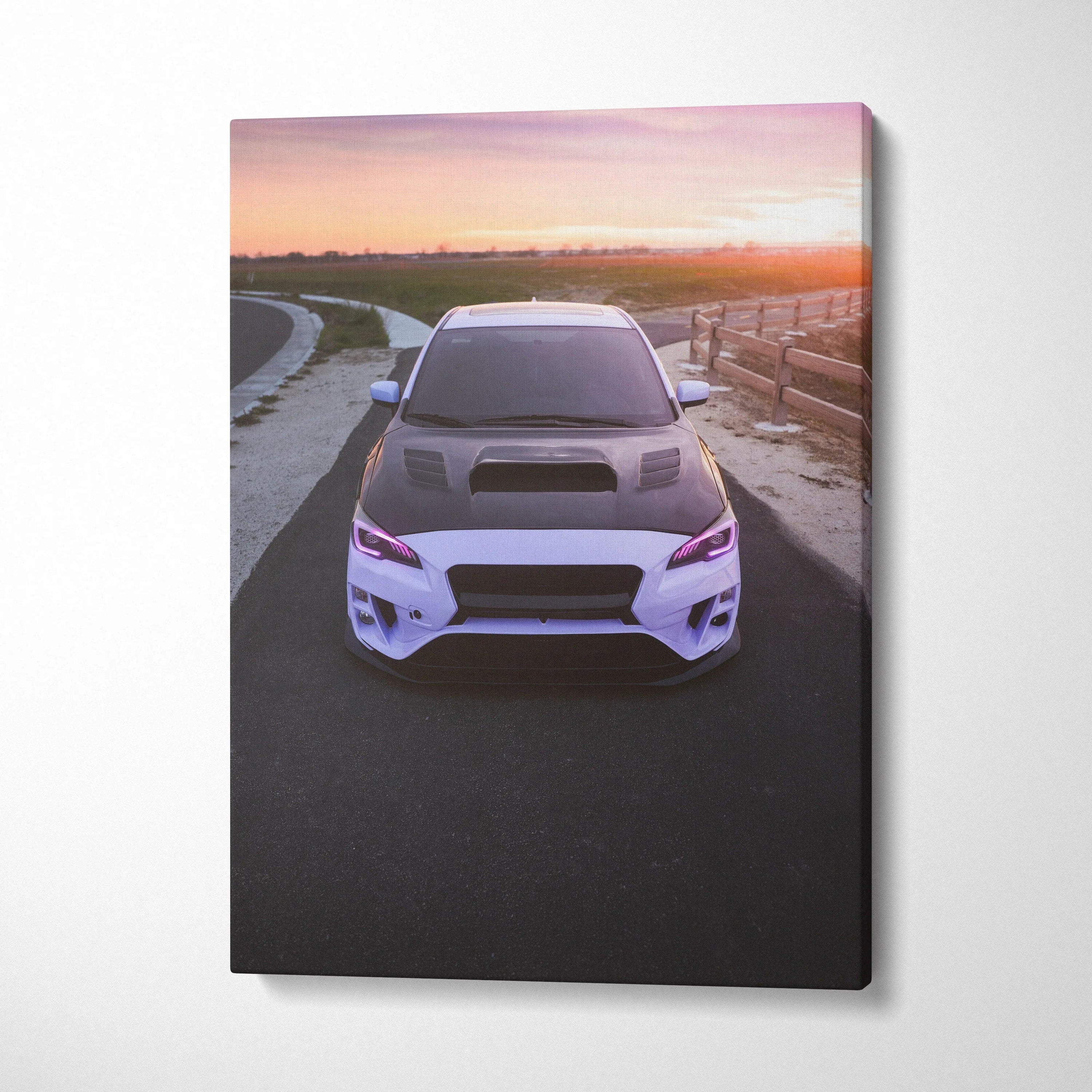 Subaru WRX on road at sunset canvas wall art with vibrant sky vertical canvas print.