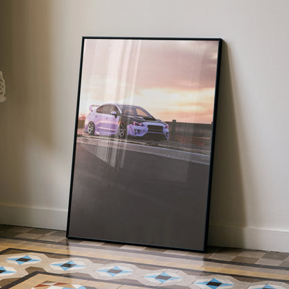 Subaru WRX poster with purple car racing at sunset, modern automotive wall art in black frame.