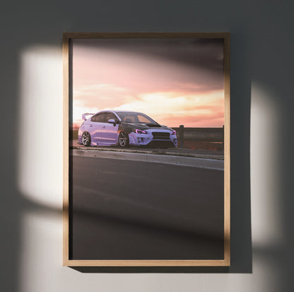 Subaru WRX wall art poster with sunset background in wooden frame.