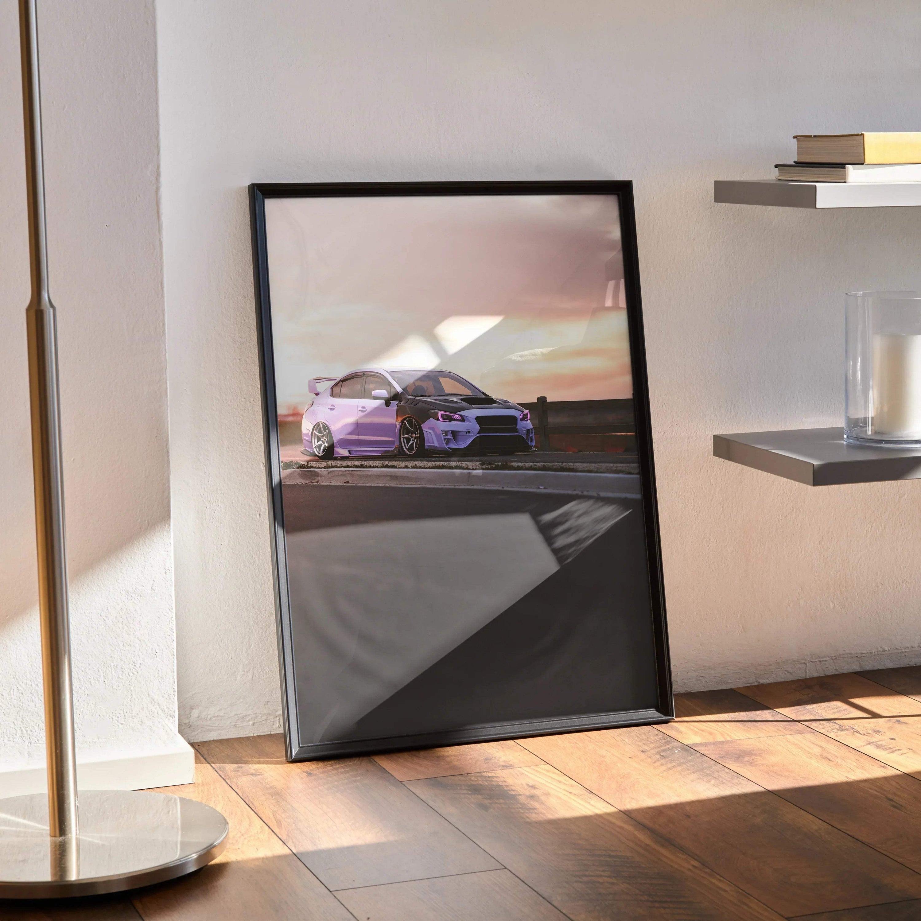 Subaru WRX poster wall art featuring a high-resolution car image with sunset background in black frame.
