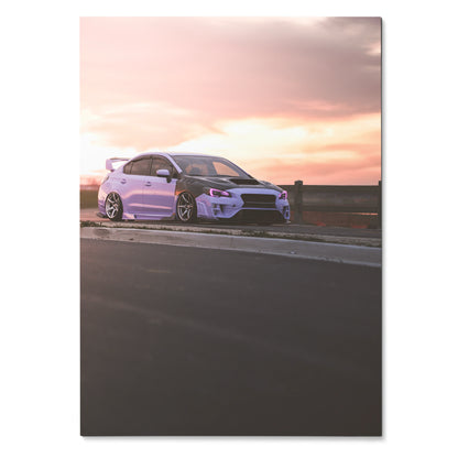 Subaru WRX parked roadside at sunset poster wall art with pink and purple sky.