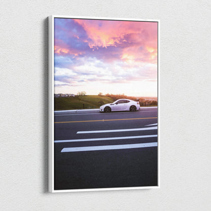 Toyota FRS white car on road at sunset vertical canvas wall art with colorful sky background.