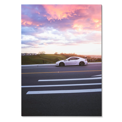 Toyota FRS white car parked on roadside with vibrant sunset sky poster wall art.