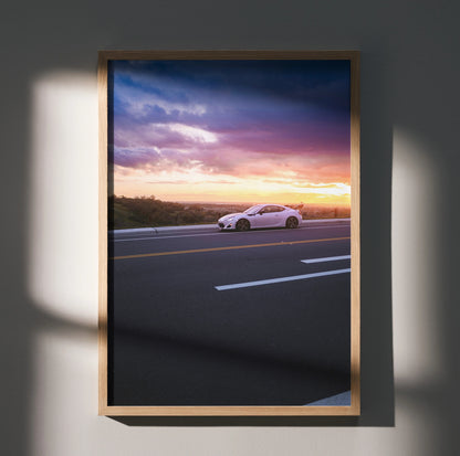 Toyota FRS poster featuring a white sports car on highway at sunset, luxury wall art in wooden frame.