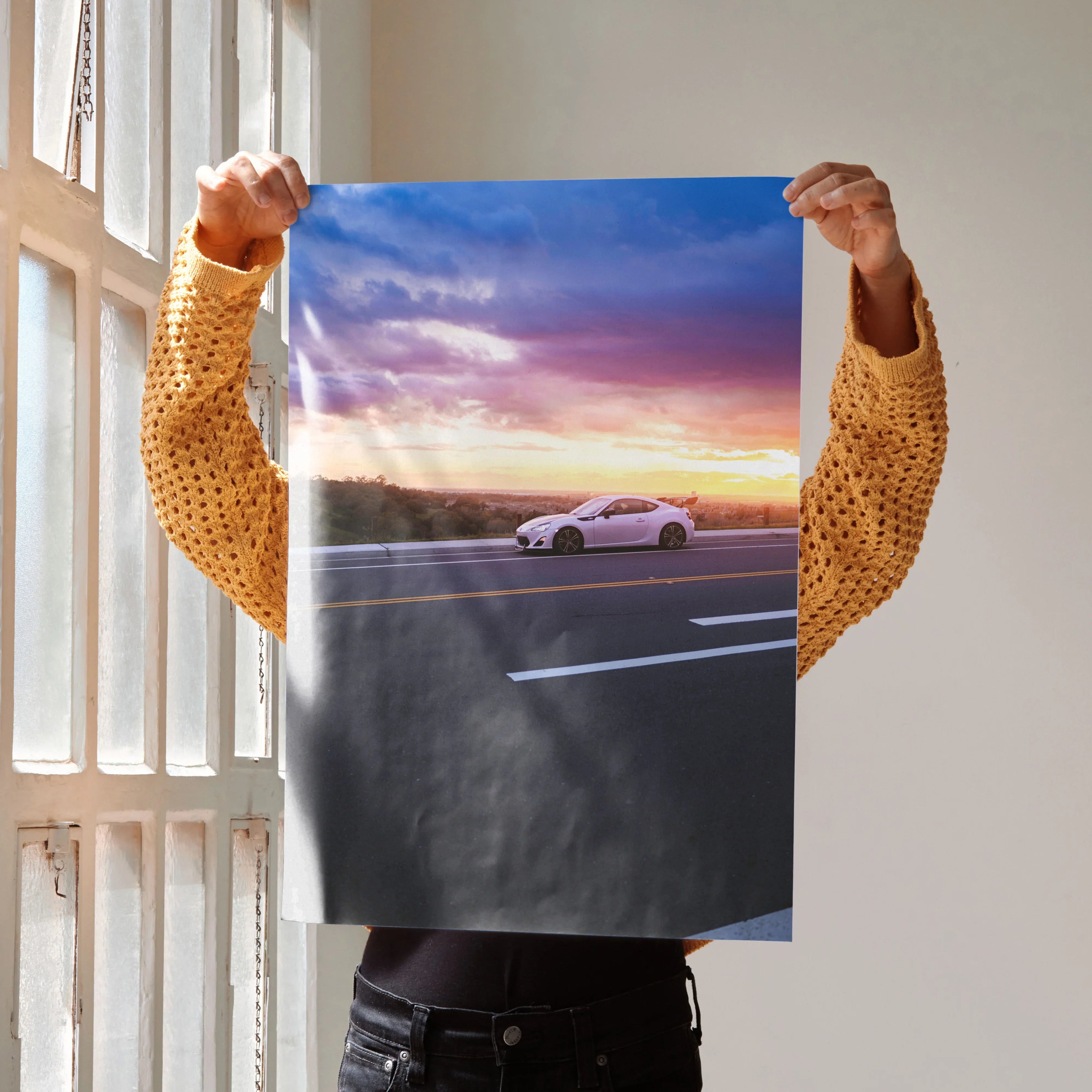 Toyota FRS wall art poster featuring white sports car against sunset sky on highway.