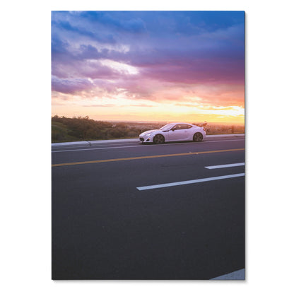 Toyota FRS white sports car parked on road at sunset poster wall art.