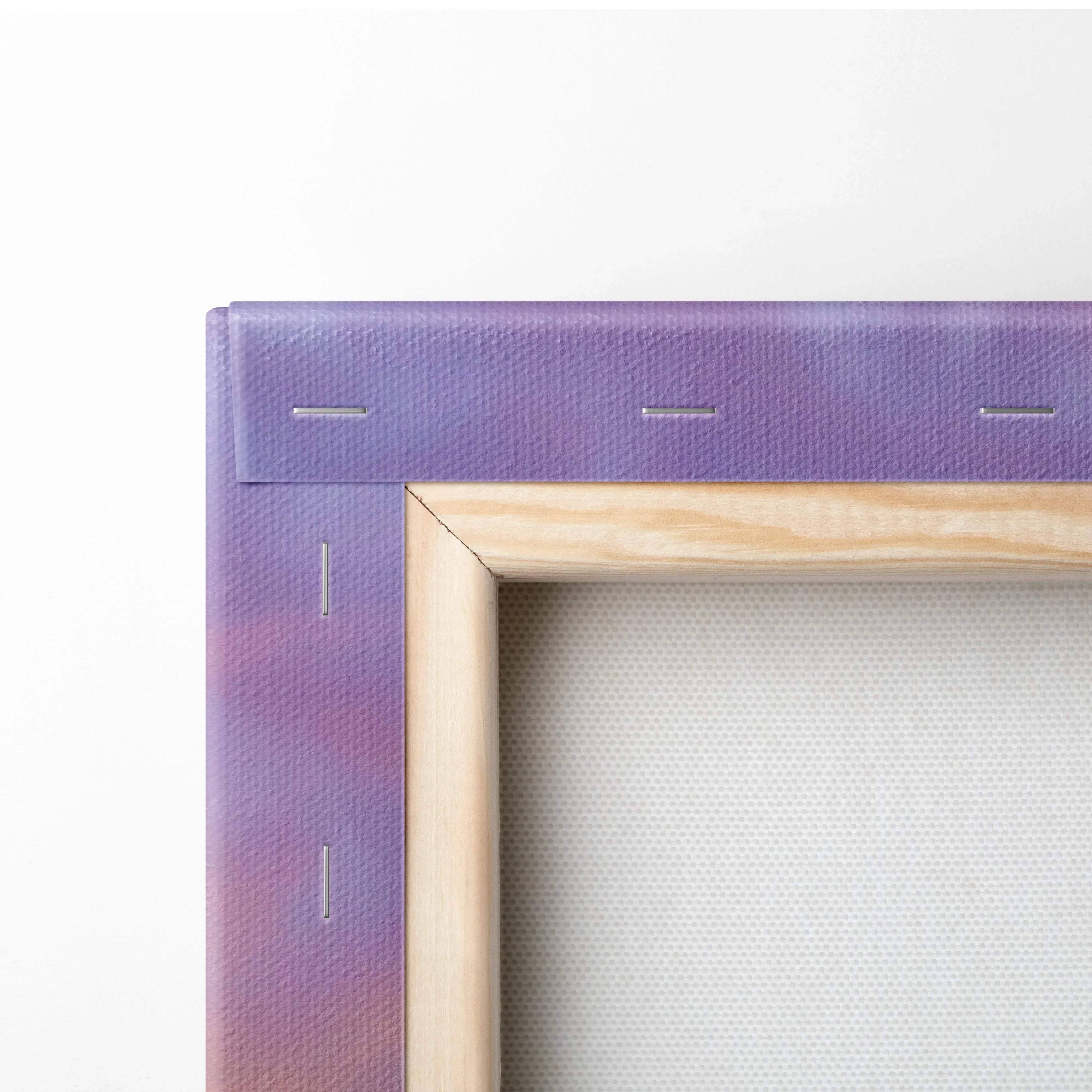 Vertical canvas wall art featuring a purple gradient canvas with visible stitching and a light wood frame for automotive decor