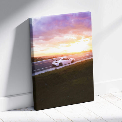 Toyota FRS white sports car driving at sunset on vibrant canvas wall art.