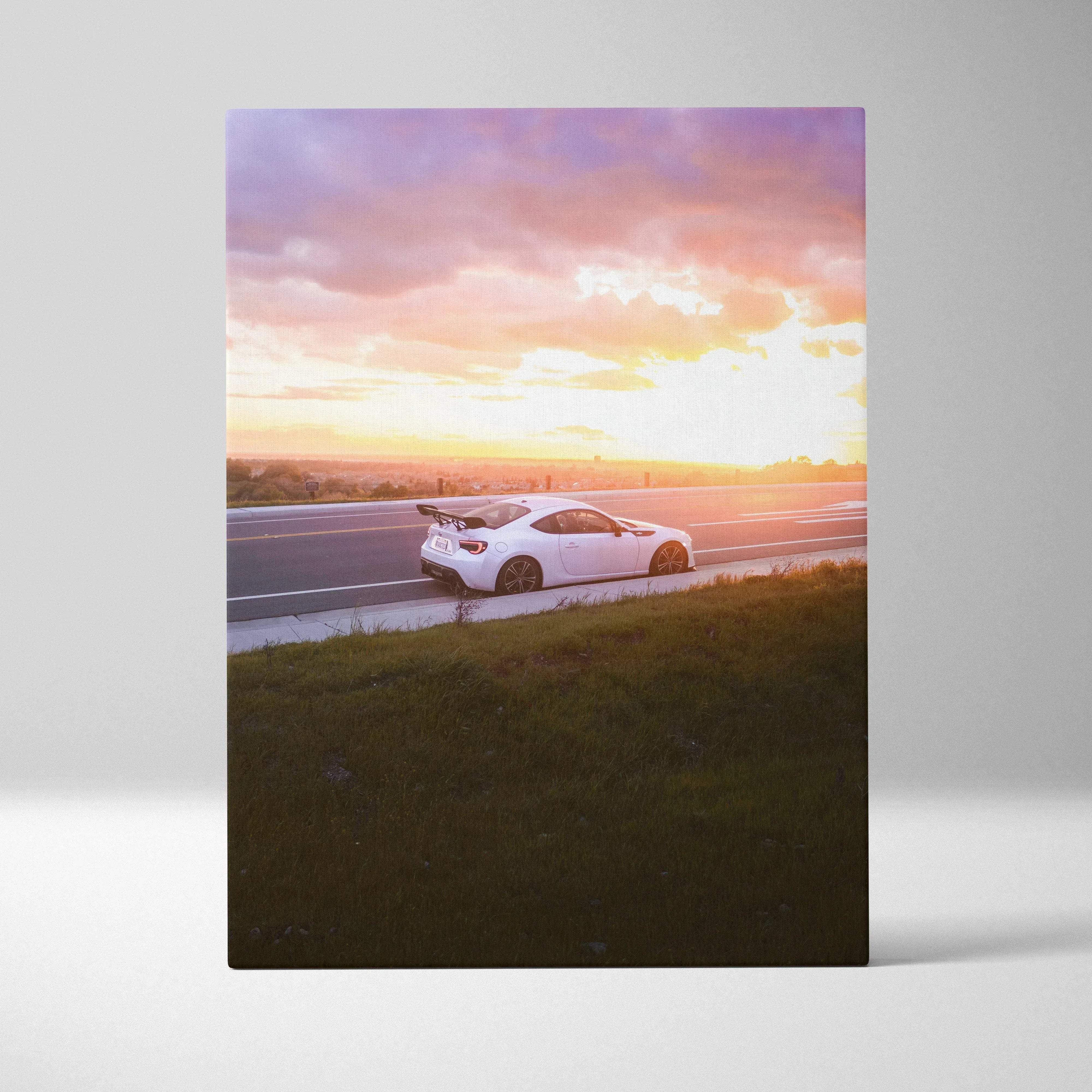 Canvas wall art vertical car print featuring a white toyota frs sports car with rear spoiler at sunset