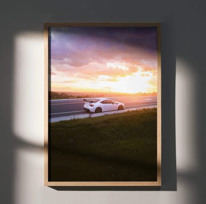 Toyota FRS car poster with sunset backdrop, vibrant colors, modern wall art design.