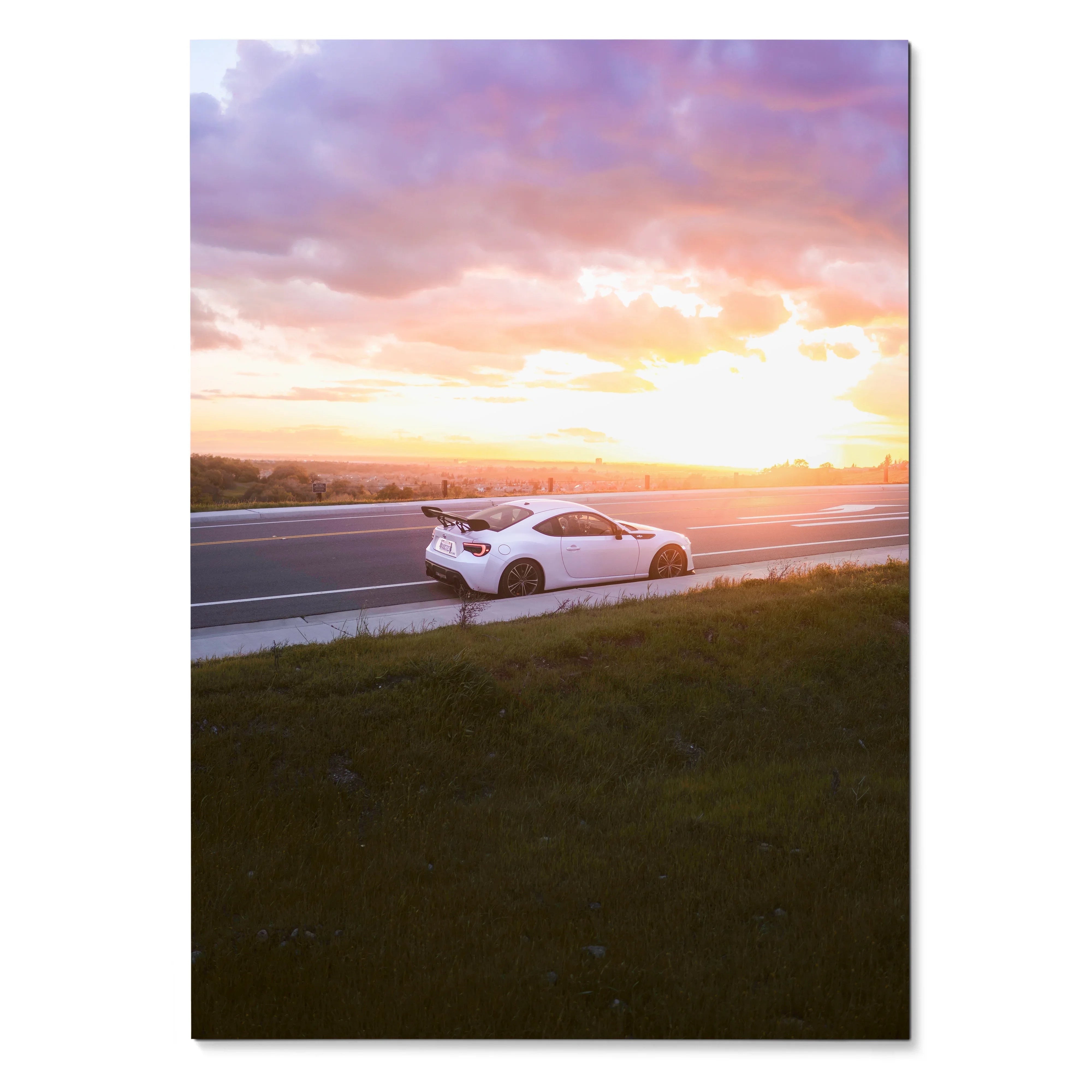 White Toyota FRS parked by roadside under colorful sunset sky poster wall art.