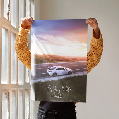 Toyota FRS poster wall art with inspiring sunset drive scene and motivational text.