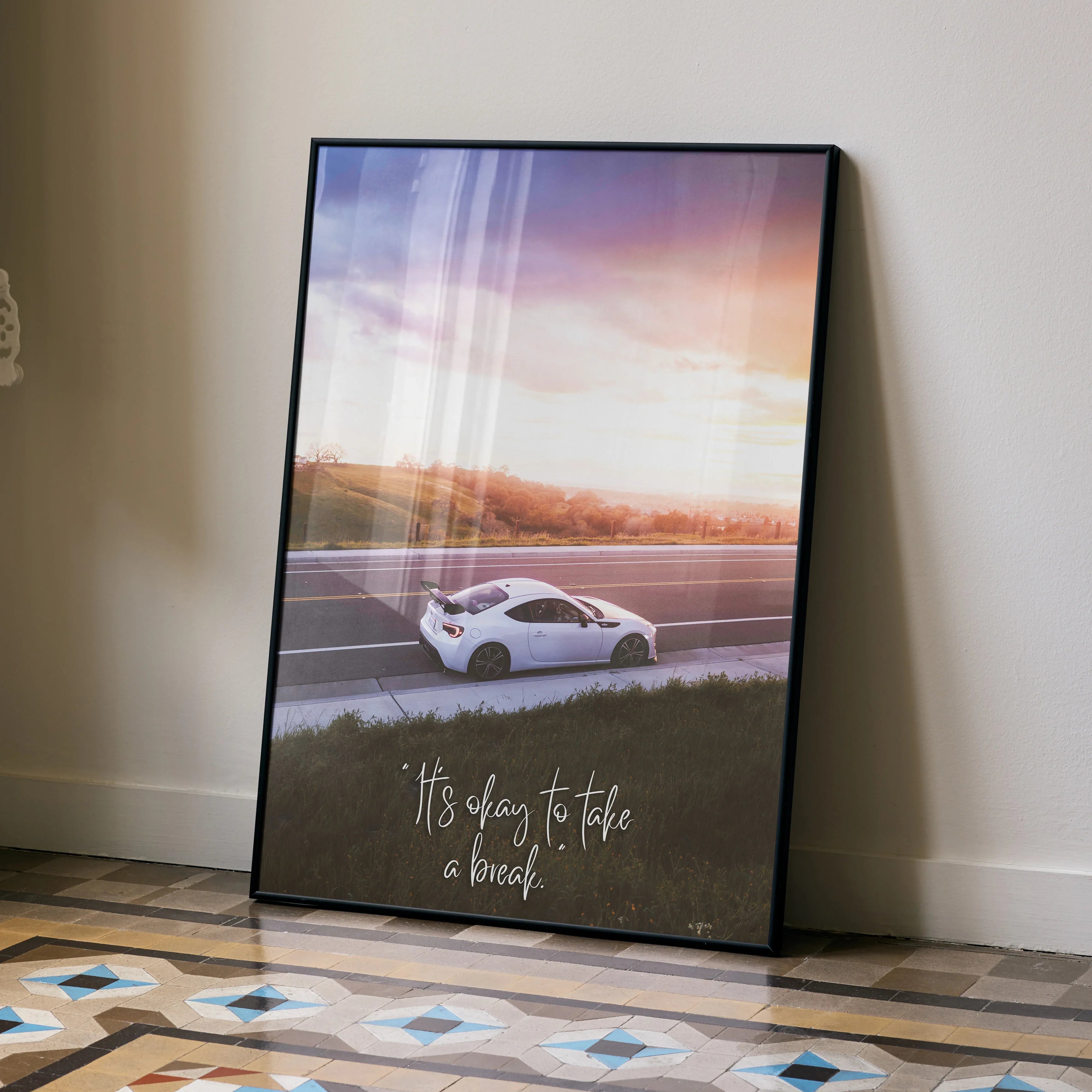 Toyota FRS poster wall art with inspirational text and white sports car at sunset.