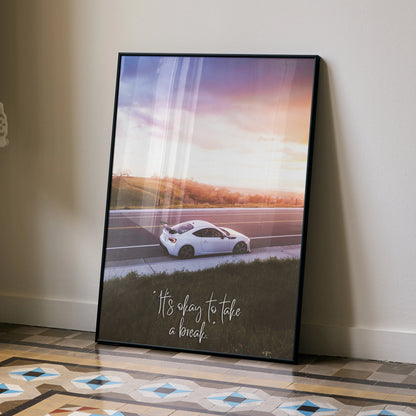 Toyota FRS poster wall art with inspirational text and white sports car at sunset.