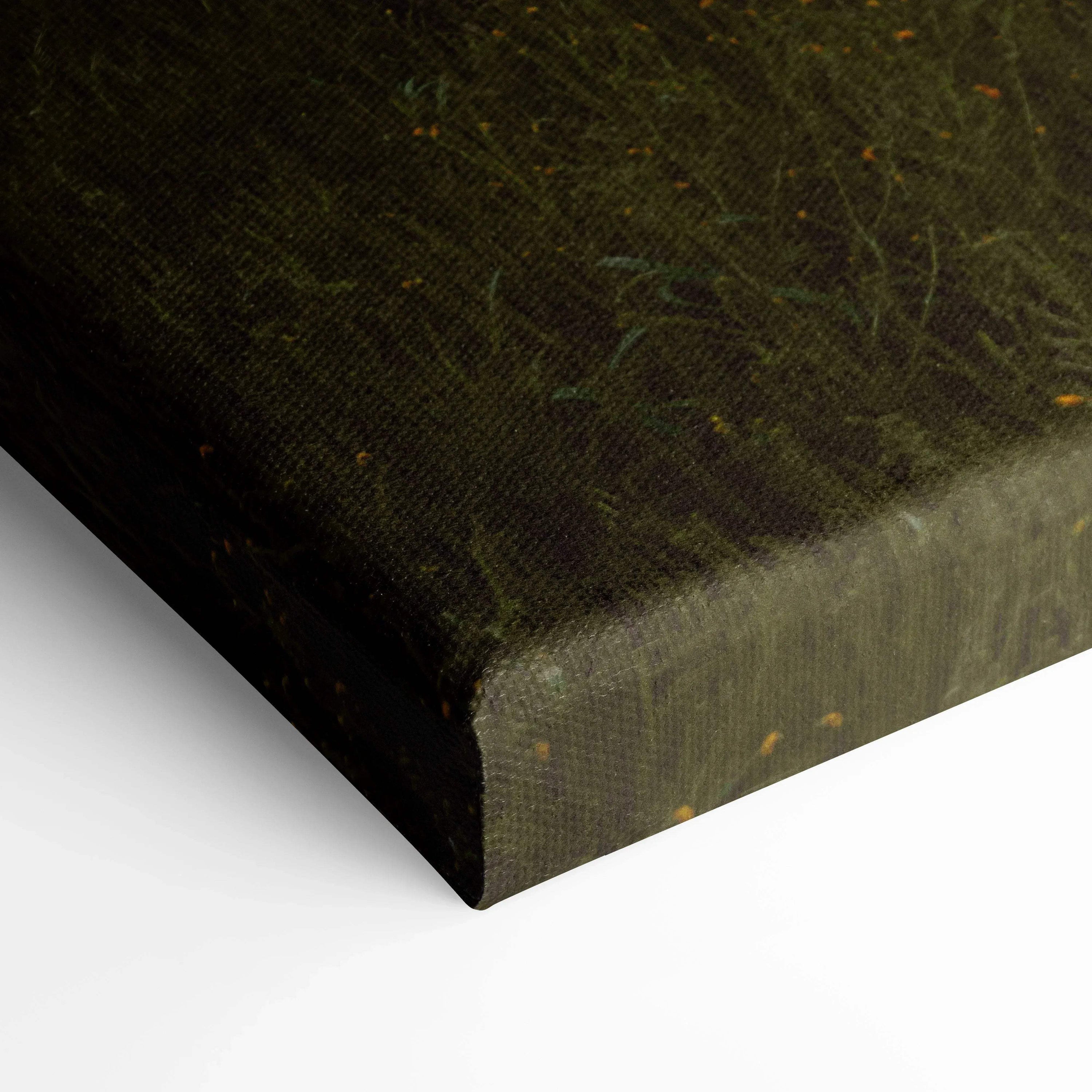 Close-up of dark green textured canvas wall art with subtle yellow flecks on gallery-wrapped frame.