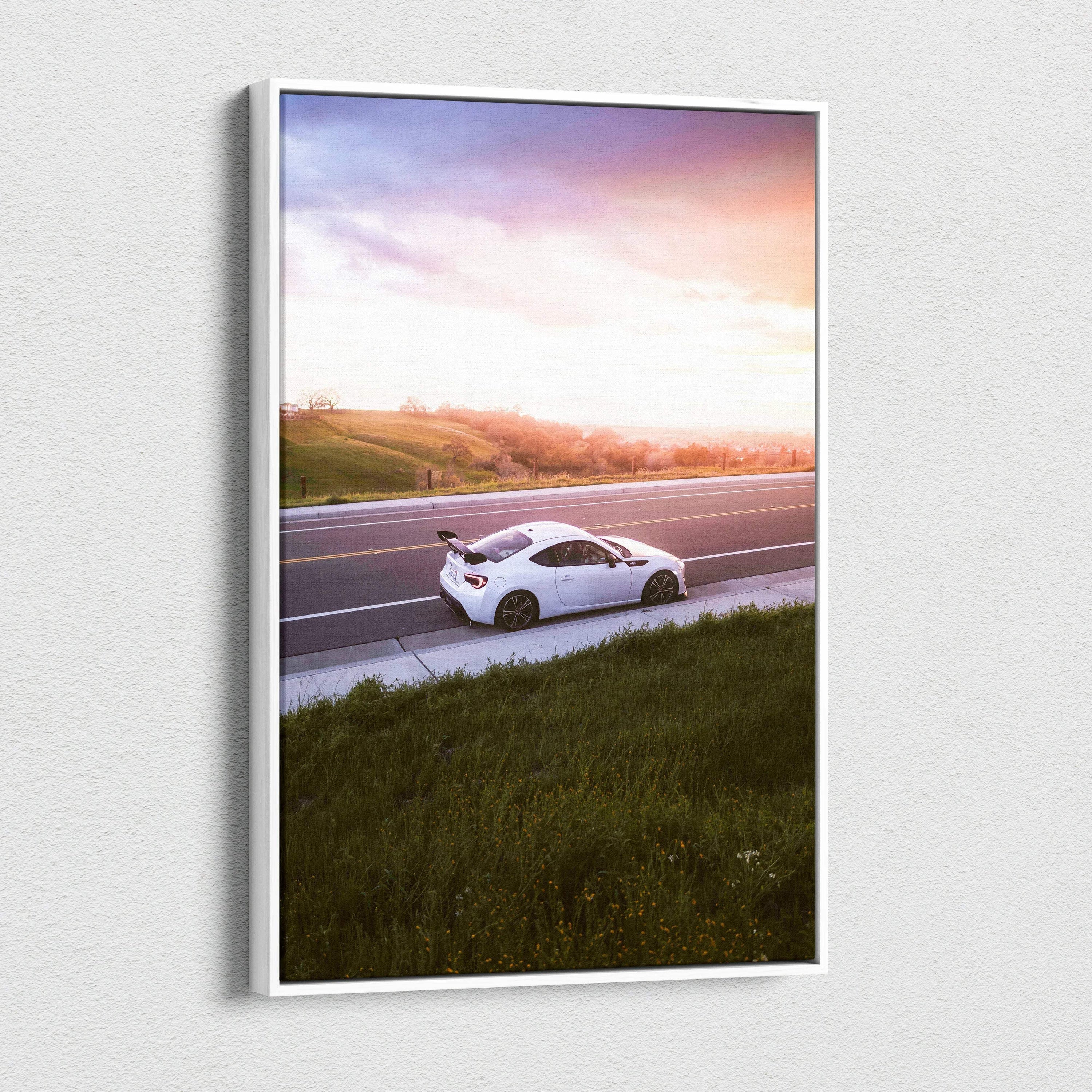 Toyota FRS driving on road at sunset canvas wall art vertical car print.