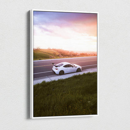Toyota FRS driving on road at sunset canvas wall art vertical car print.