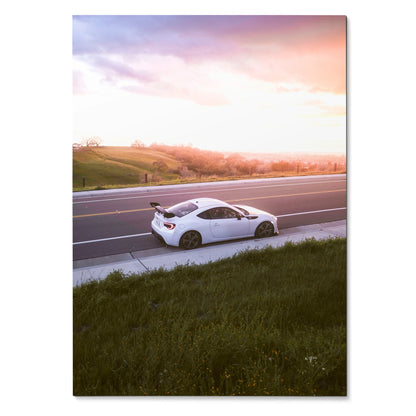 Toyota FRS parked beside highway at sunset with vibrant sky, high resolution poster wall art.