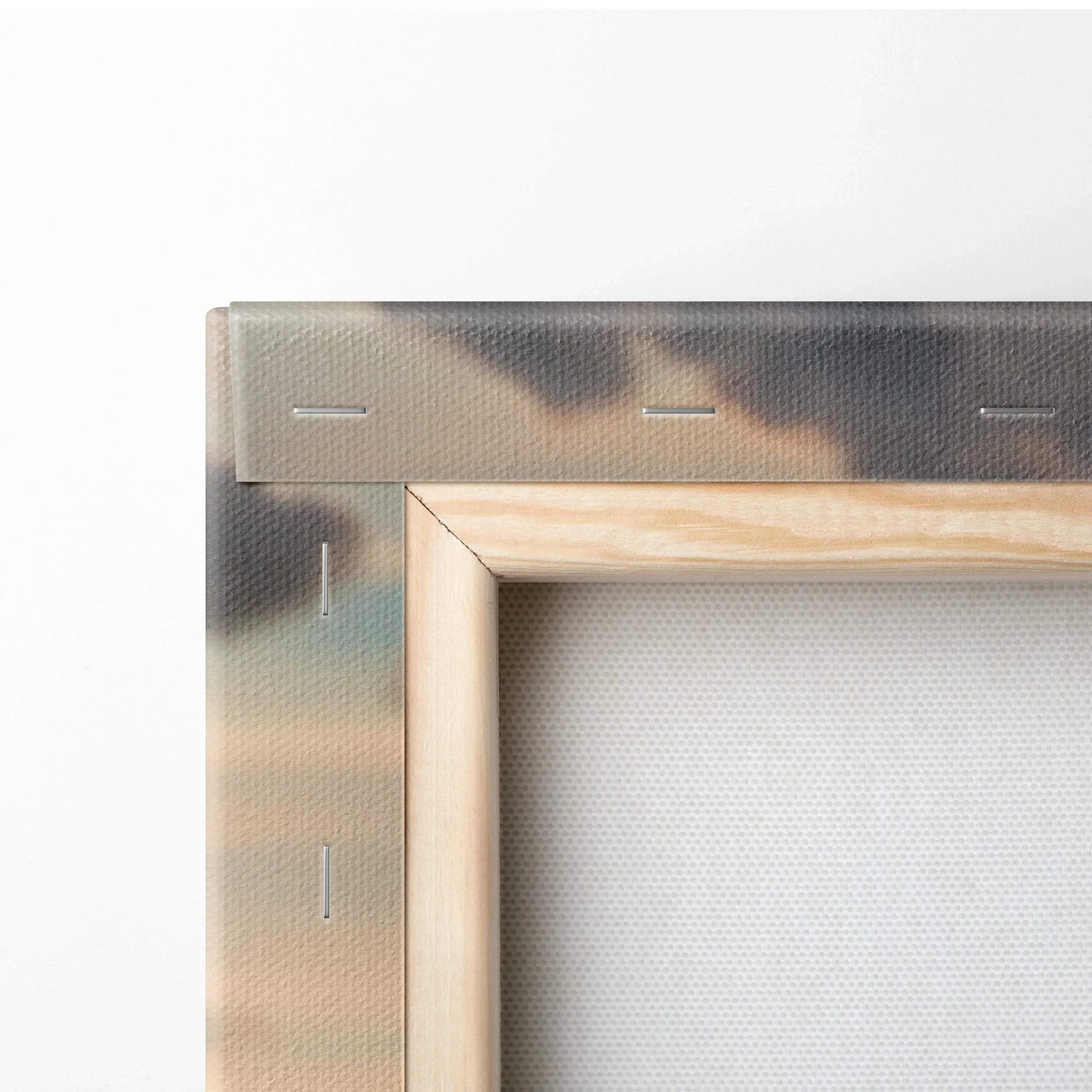 Close-up of wooden frame and canvas texture on vertical wall art canvas print.
