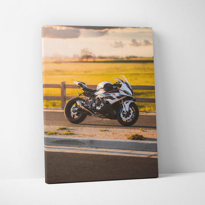 BMW S1000RR motorcycle canvas art with sunset background, vertical wall art print.