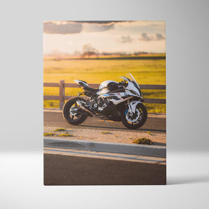 BMW S1000RR motorcycle canvas art with sunset background, vertical wall art print.