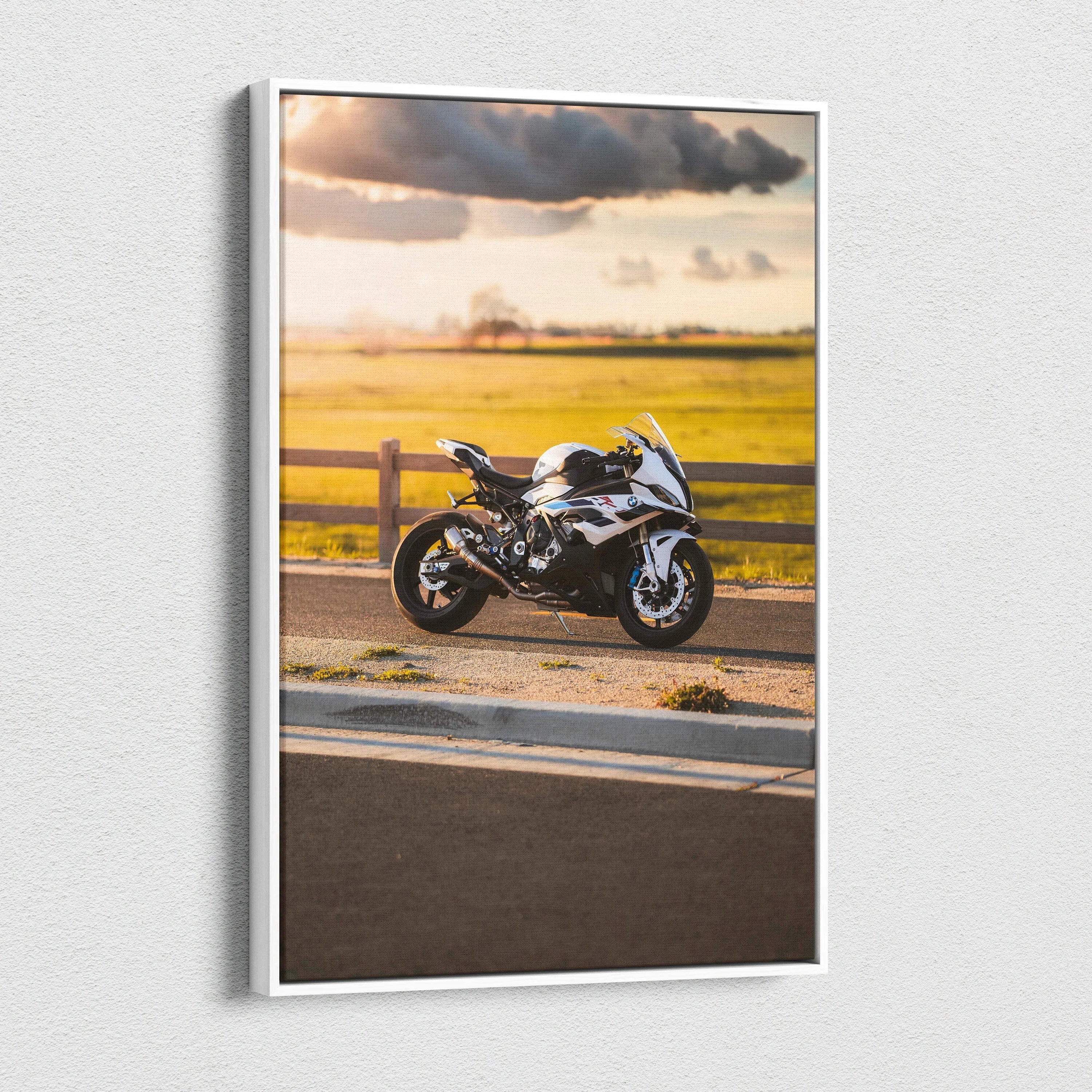 BMW S1000RR motorcycle canvas wall art featuring scenic sunset background, vertical museum-quality print.