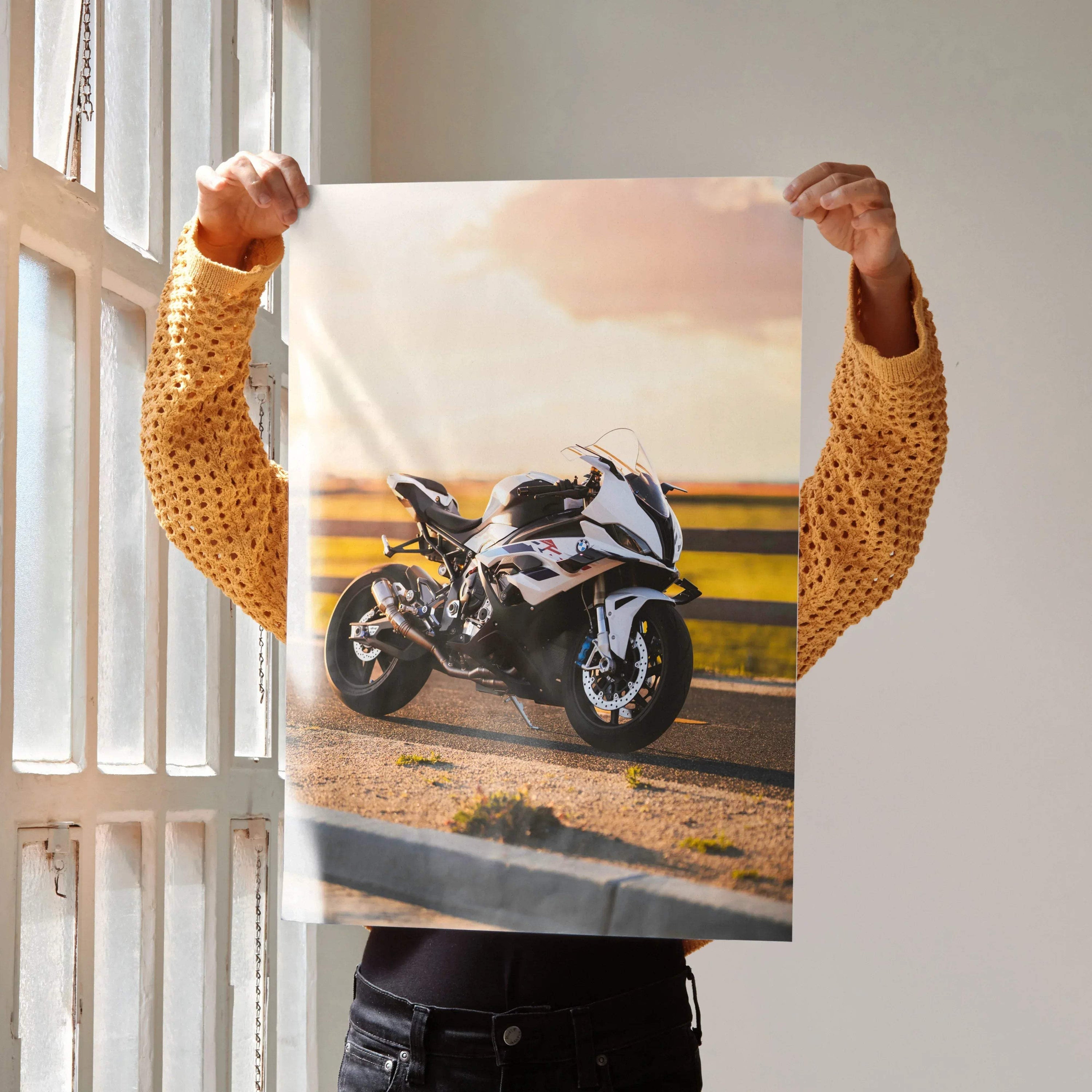 BMW S1000RR motorcycle poster with sunset background, premium wall art decor.