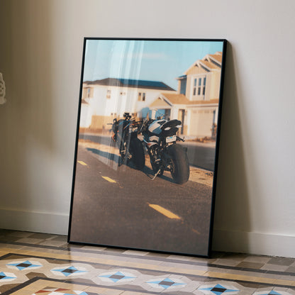 BMW S1000RR and Aprilia RSV4 1100 motorcycles poster leaning against a wall, showcased as sleek wall art.