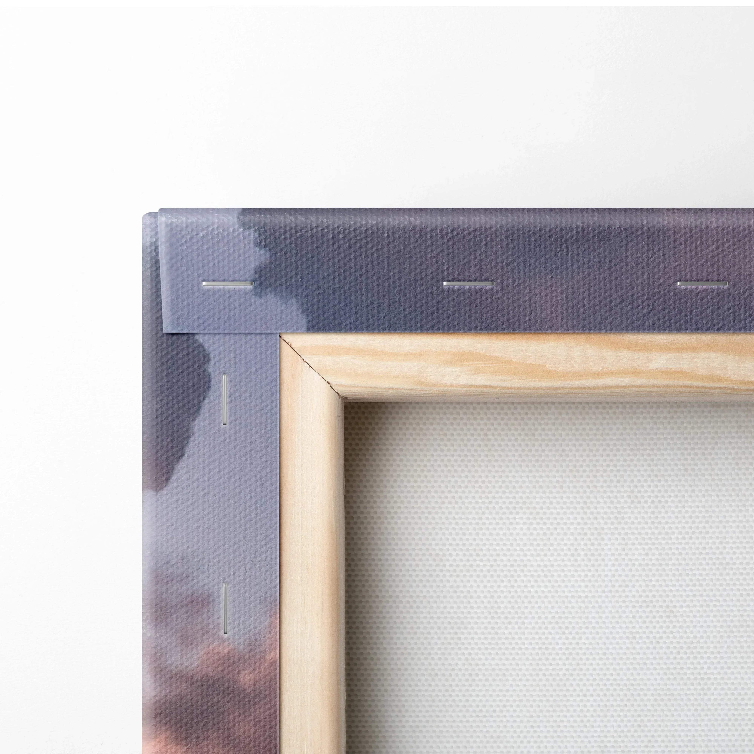 Close-up of wooden frame corner on BMW S1000RR motorcycle canvas wall art with sunset tones.