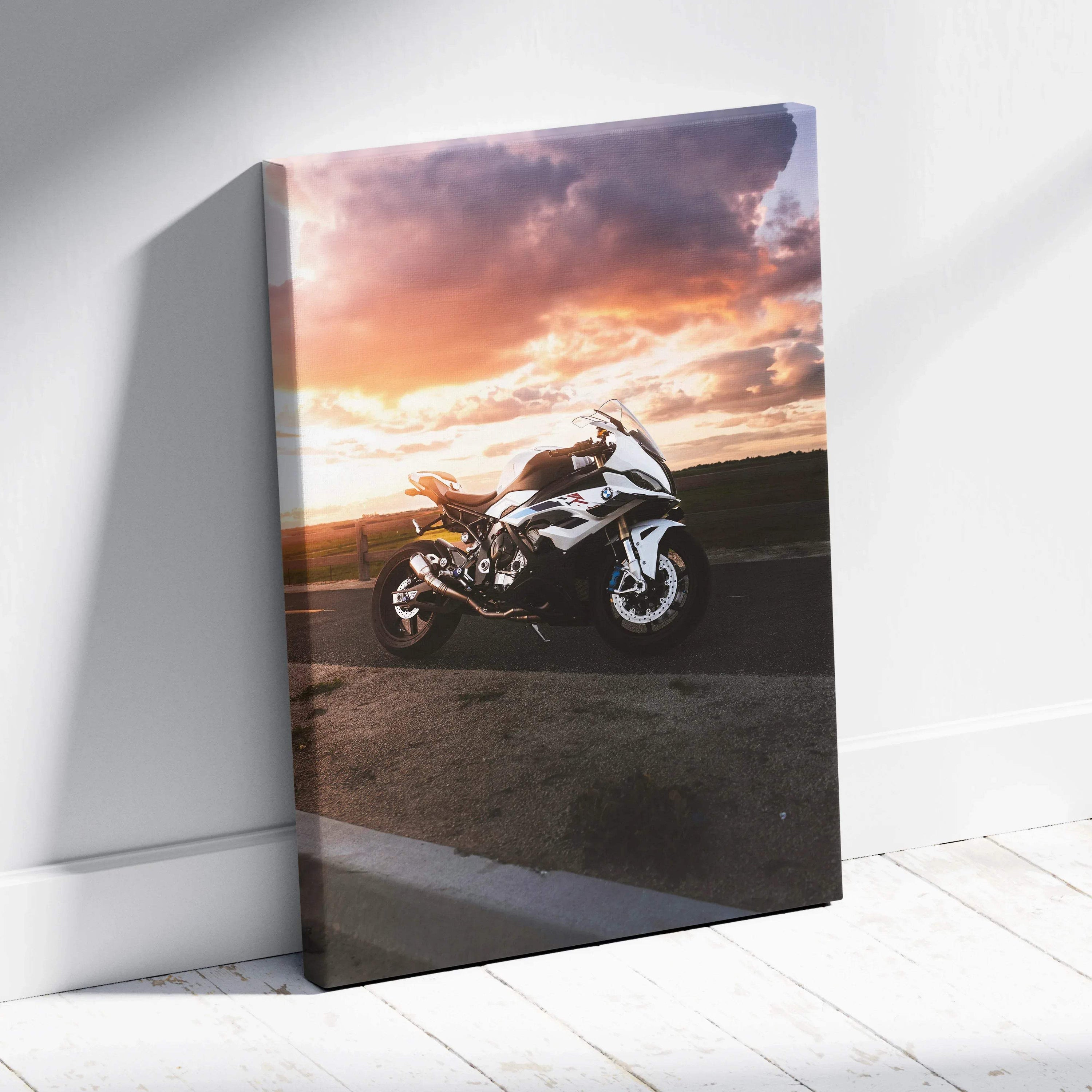 BMW S1000RR motorcycle at sunset on high-resolution vertical canvas wall art with vibrant sky colors.